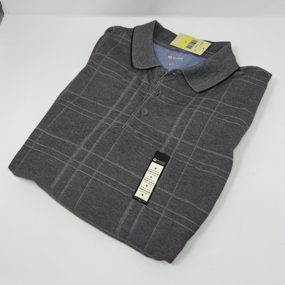 NWT Haggar Mens Medium Gray Check Plaid Polo Short Sleeve